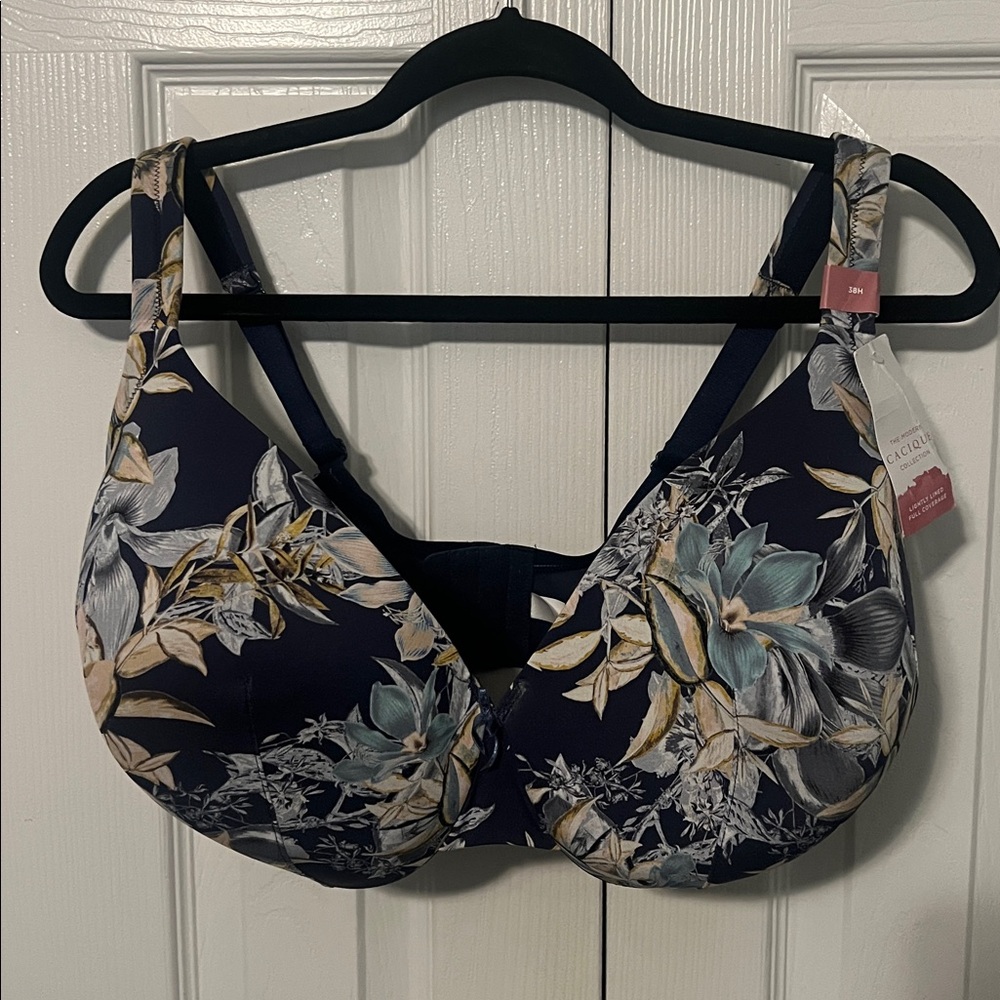 NWT Cacique Women's Floral Print Bra in Navy/Cream/Tan/Blues/Grays Size 38H